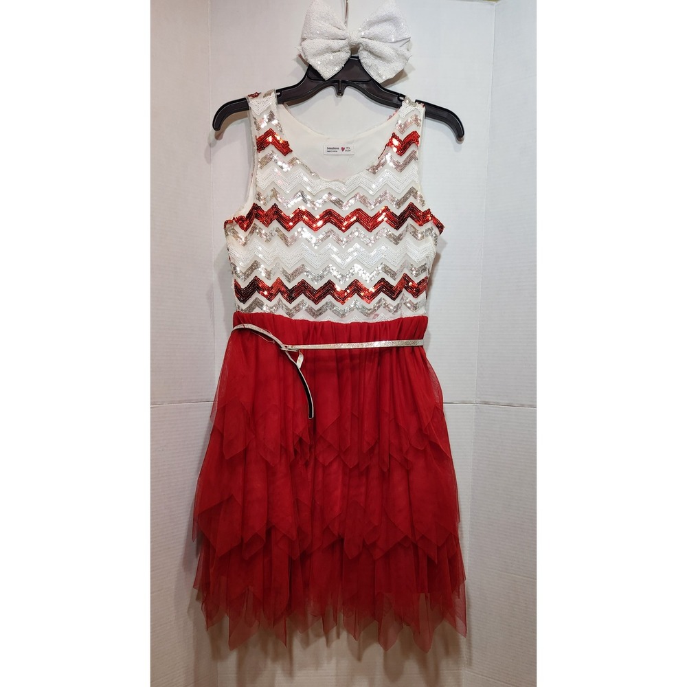 Beautees Girls Red White Sequin Chevron Tulle Party Dress Size 16.5 Plus